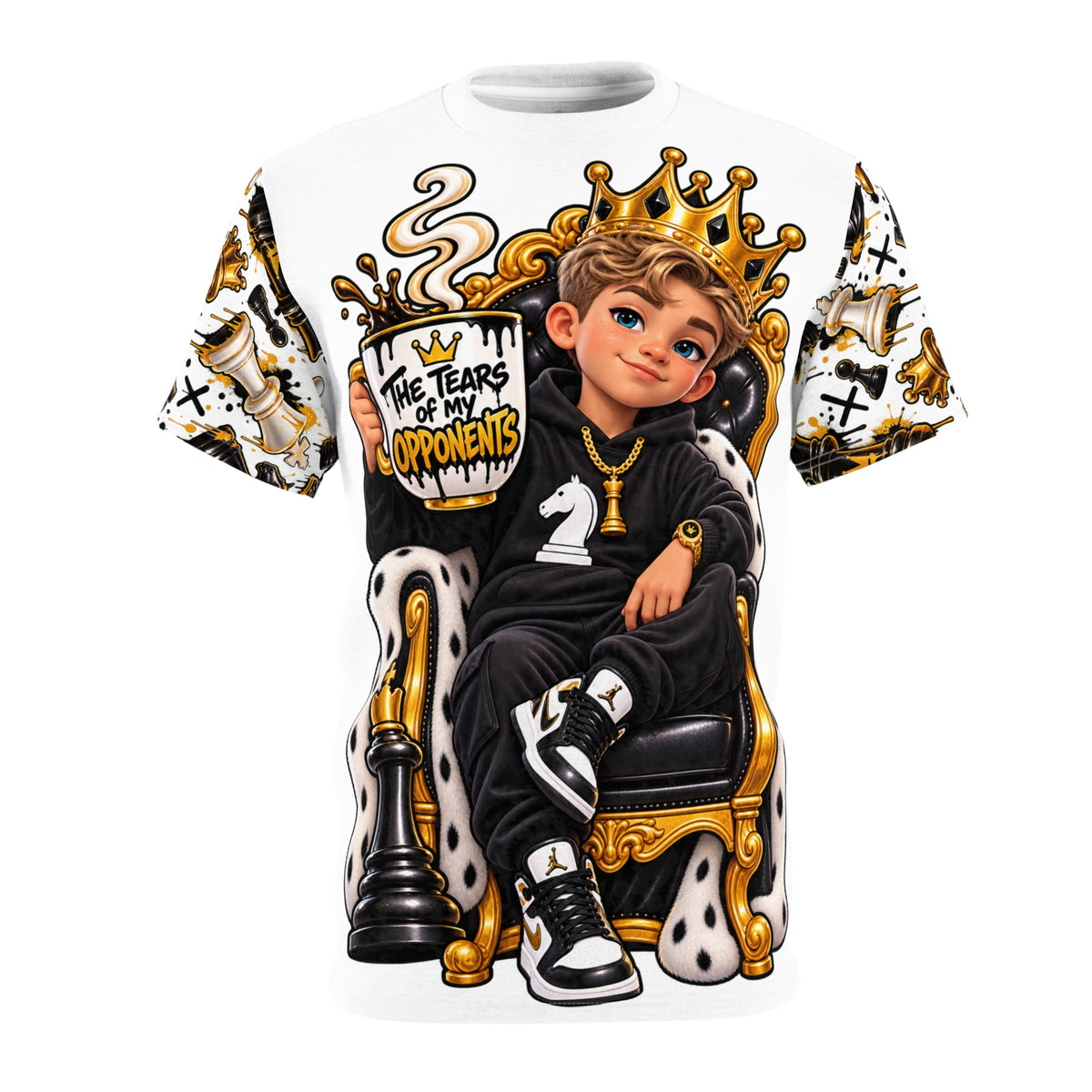 Young King Illustration Tee | Crowned Boy on Throne Chess Motif