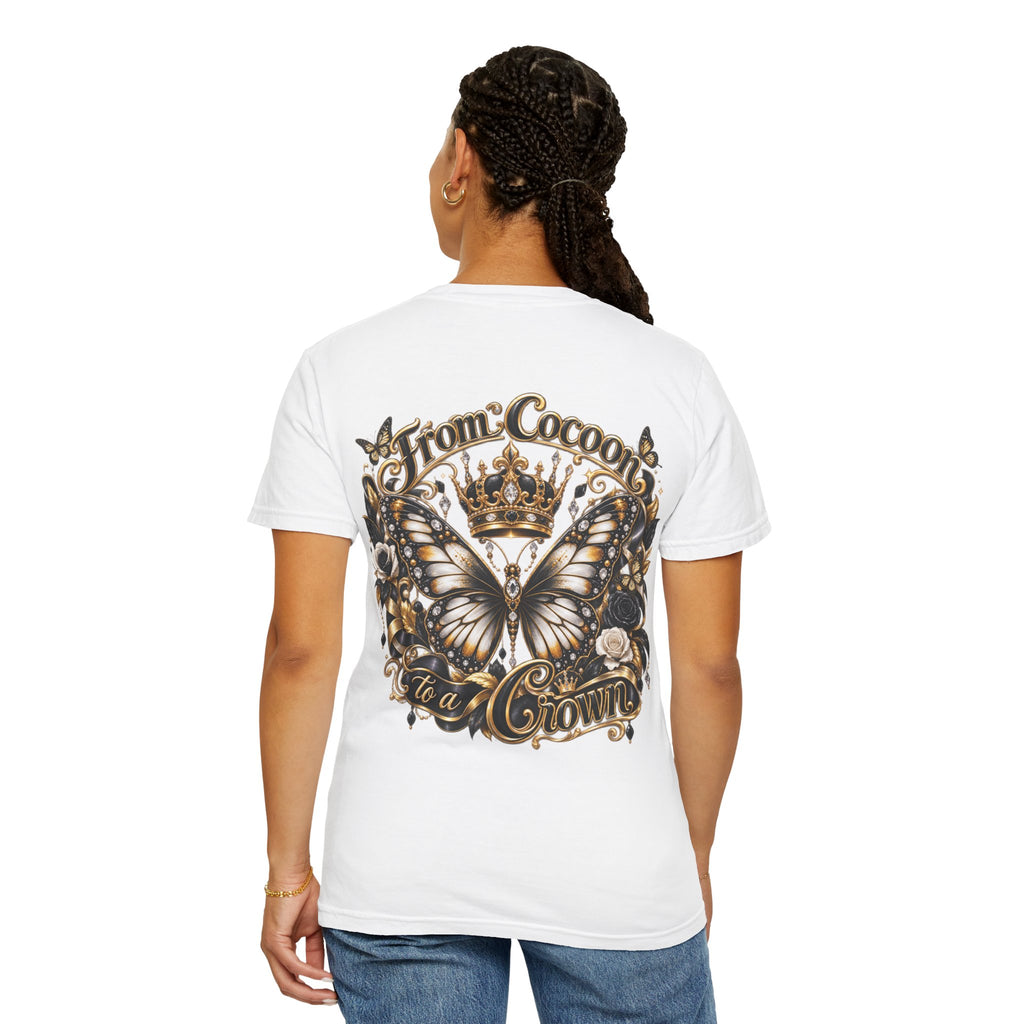 A 100% pre-shrunk, ring-spun US cotton for lasting  "From Cocoons to a Crown" Butterfly Royalty T-Shirt