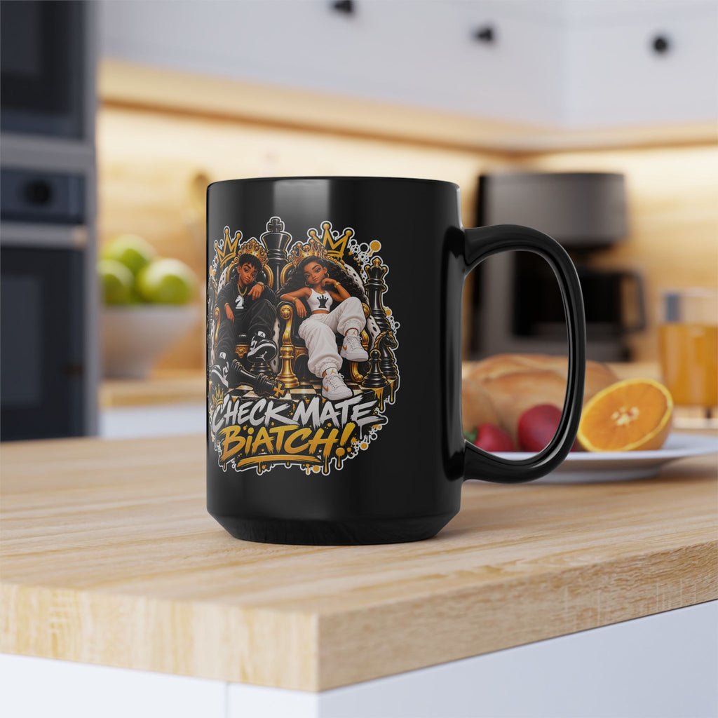 Checkmate Gold and Black Chess Pieces Mug | 15oz Black Ceramic Mug