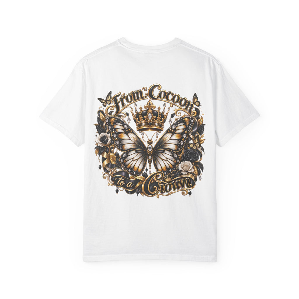 A 100% pre-shrunk, ring-spun US cotton for lasting  "From Cocoons to a Crown" Butterfly Royalty T-Shirt