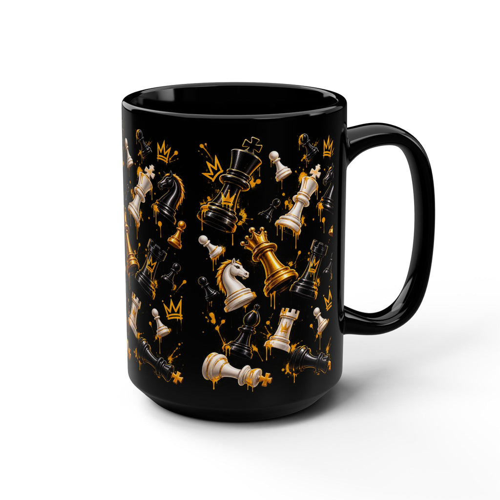 Gold and Black Chess Pieces Mug | 15oz Black Ceramic Mug