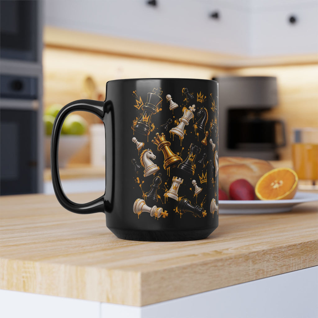 Gold and Black Chess Pieces Mug | 15oz Black Ceramic Mug