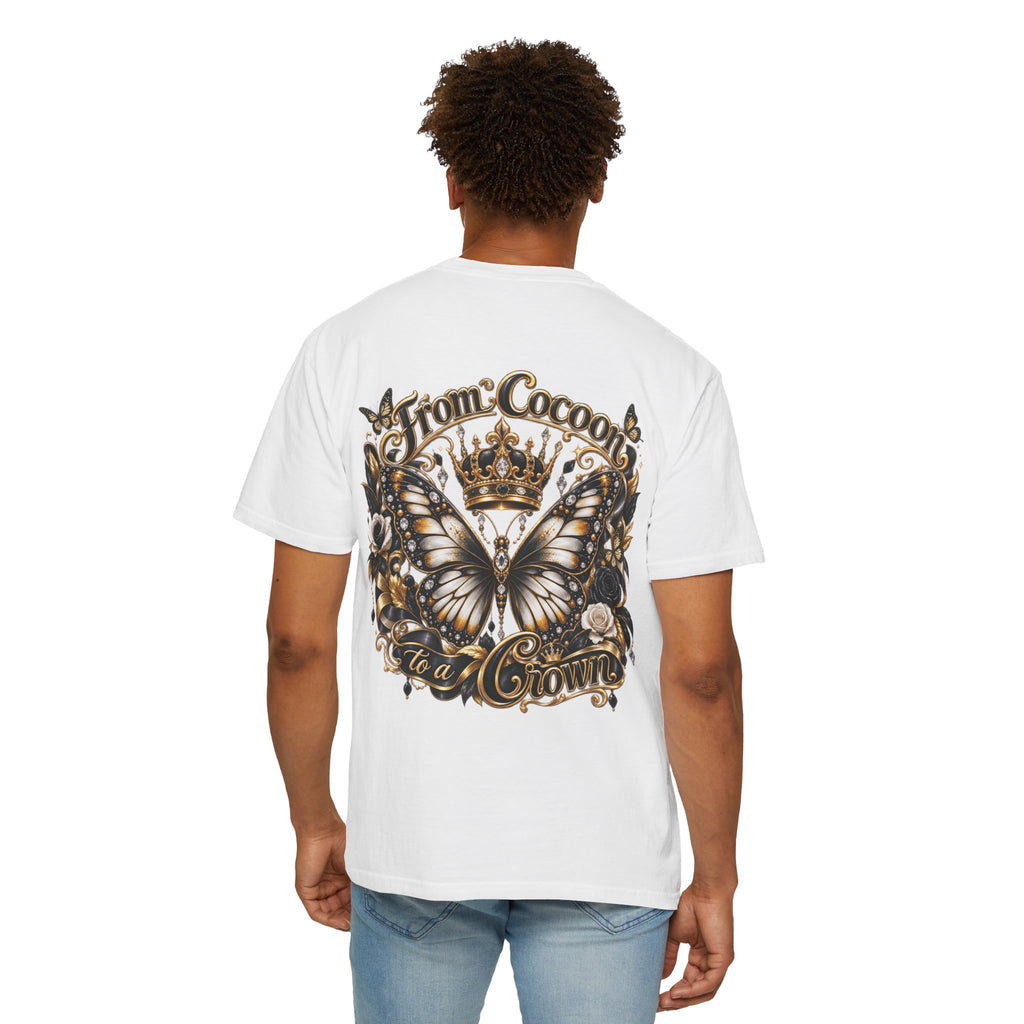 A 100% pre-shrunk, ring-spun US cotton for lasting  "From Cocoons to a Crown" Butterfly Royalty T-Shirt