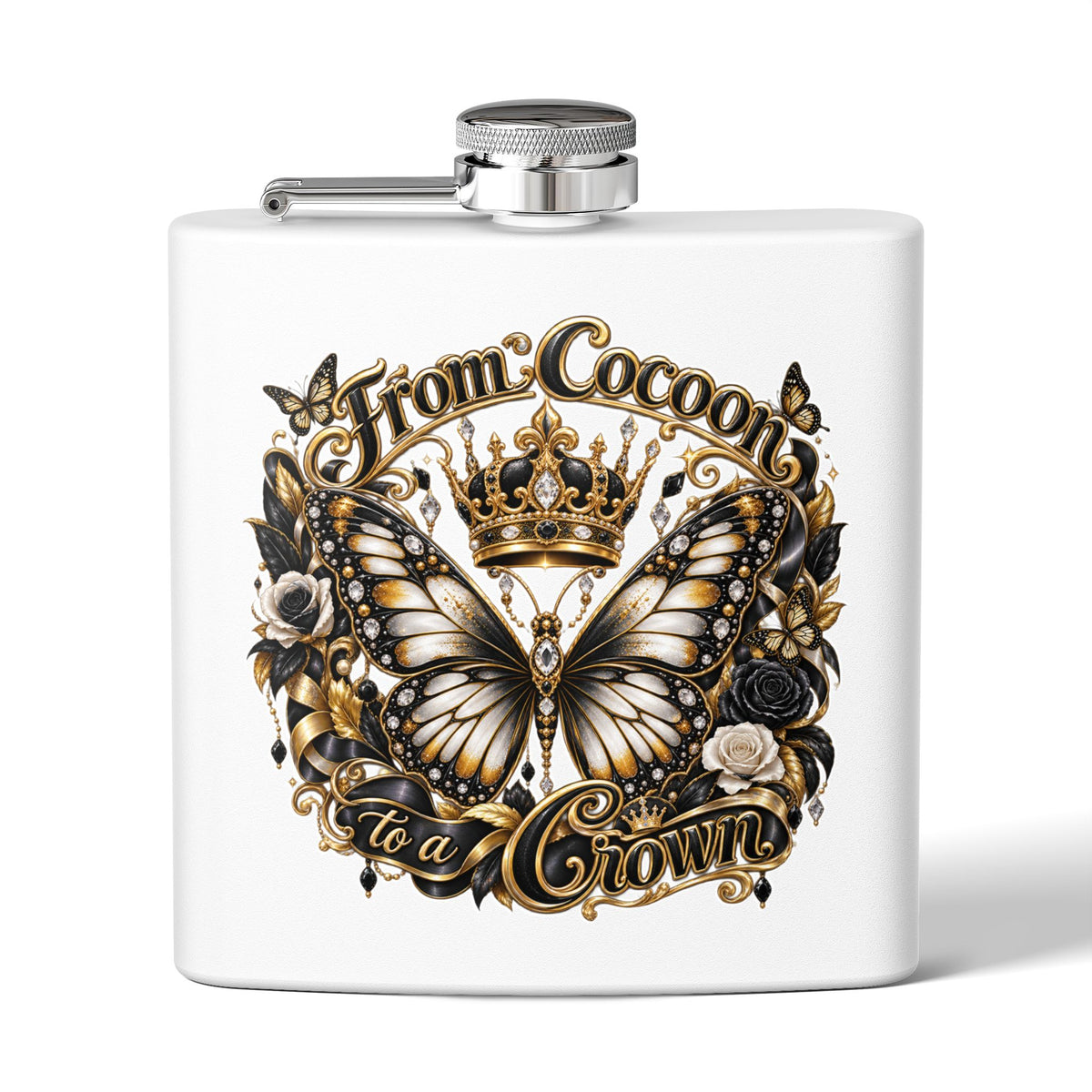 From Cocoon to a Crown Butterfly 6oz Stainless Steel Flask