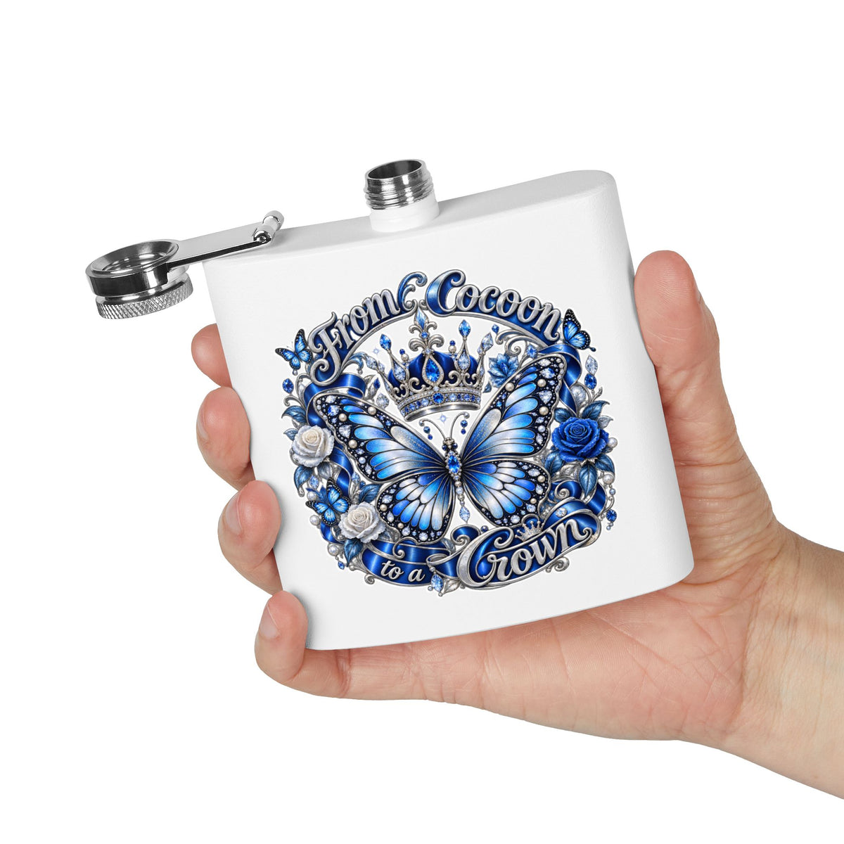 6oz Stainless Steel Flask From Cocoon to Crown Butterfly