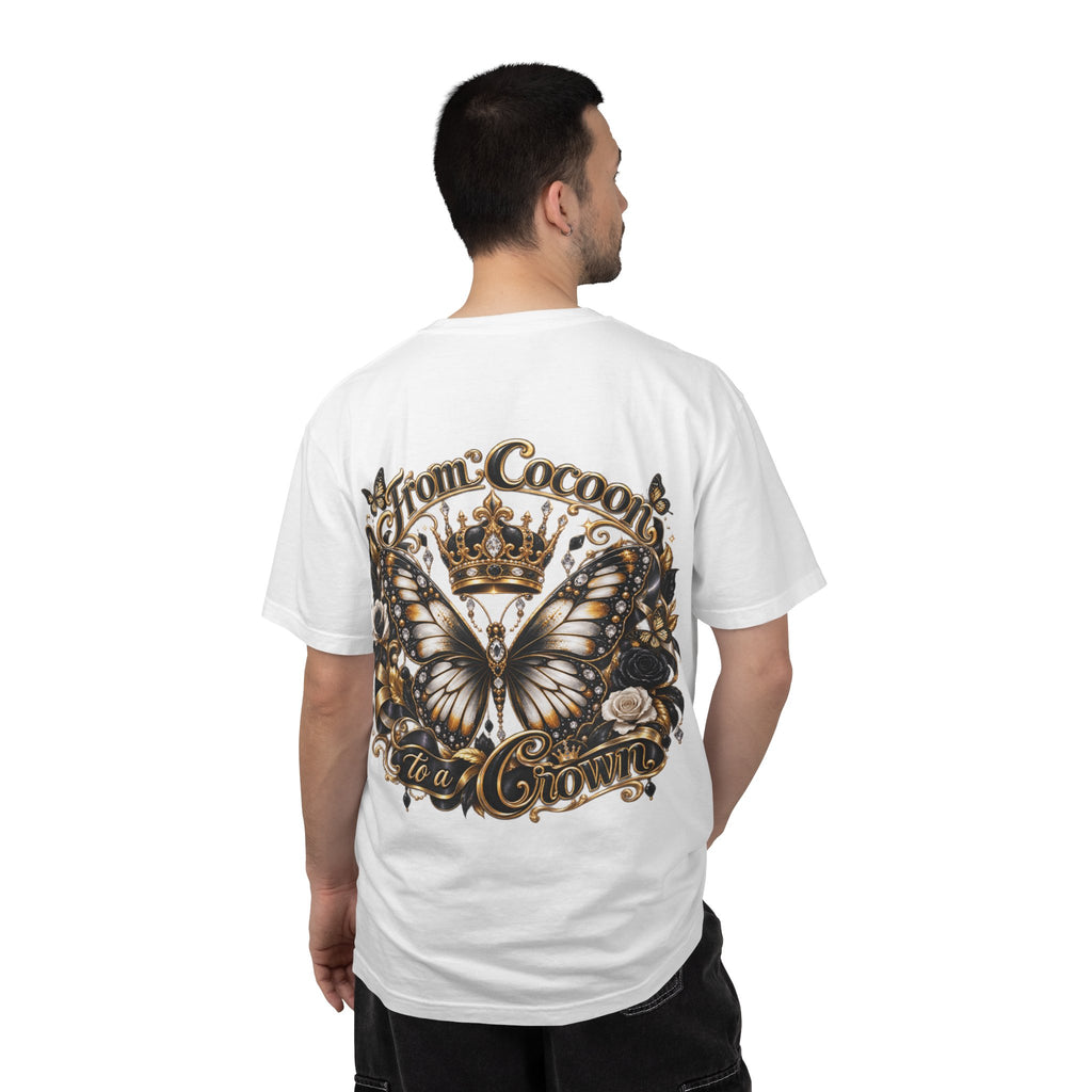 A 100% pre-shrunk, ring-spun US cotton for lasting  "From Cocoons to a Crown" Butterfly Royalty T-Shirt
