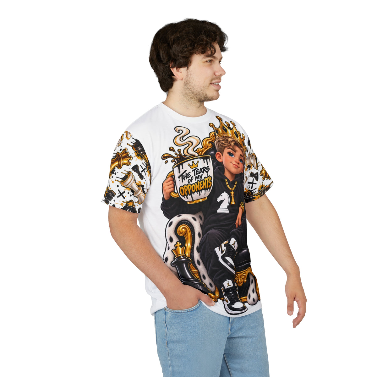 Young King Illustration Tee | Crowned Boy on Throne Chess Motif