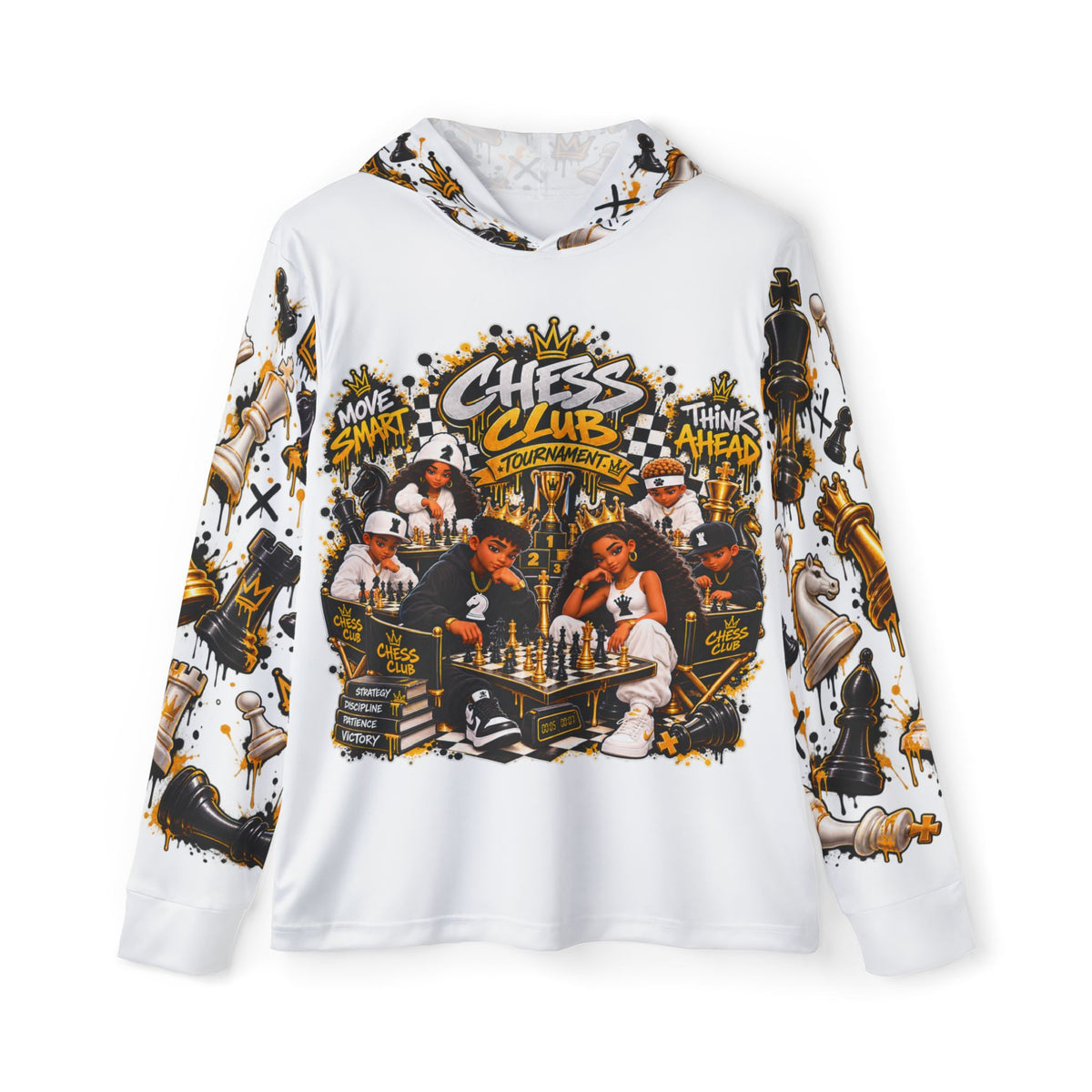 Chess Club Warmup Hoodie – All-Over Chess Strategy Design