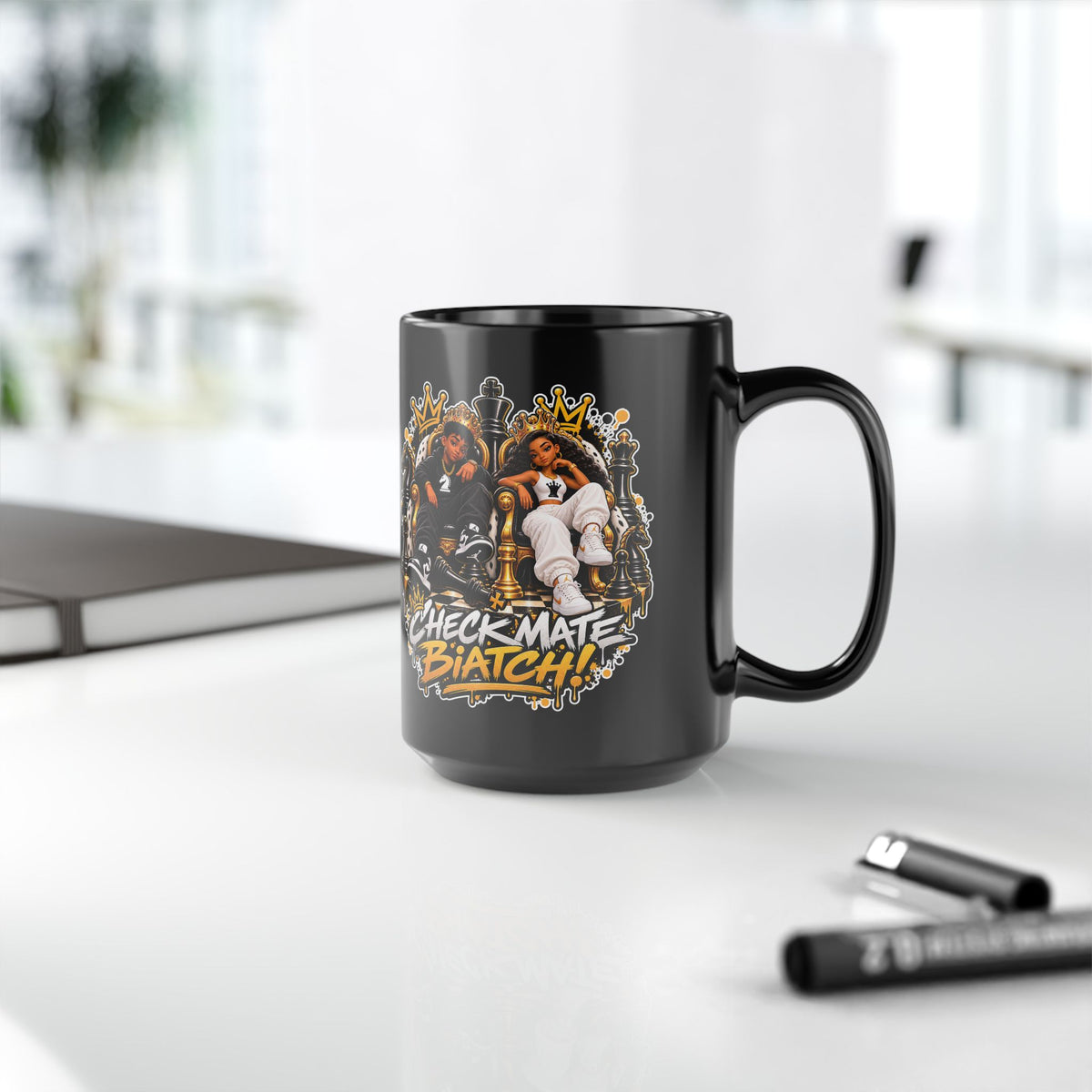 Checkmate Gold and Black Chess Pieces Mug | 15oz Black Ceramic Mug